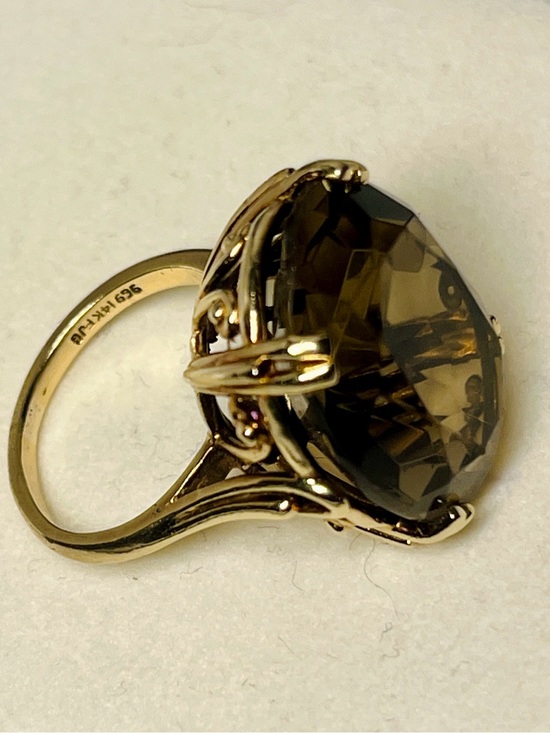 FJG Jewelry - 14k Gold Brilliant-Cut Smoky Quartz Estate Vintage Cocktail Ring, Size 7 1/4